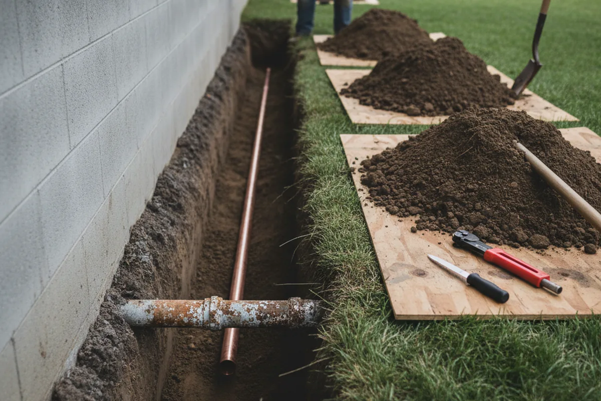 Excavated water line trench during Water Softener Installation in Ridge